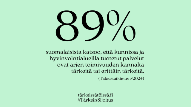 89 % suomalaisista katsoo, että kunnissa ja hyvinvointialueilla tuotetut palvelut ovat arjen toimivuuden kannalta tärkeitä tai erittäin tärkeitä.
