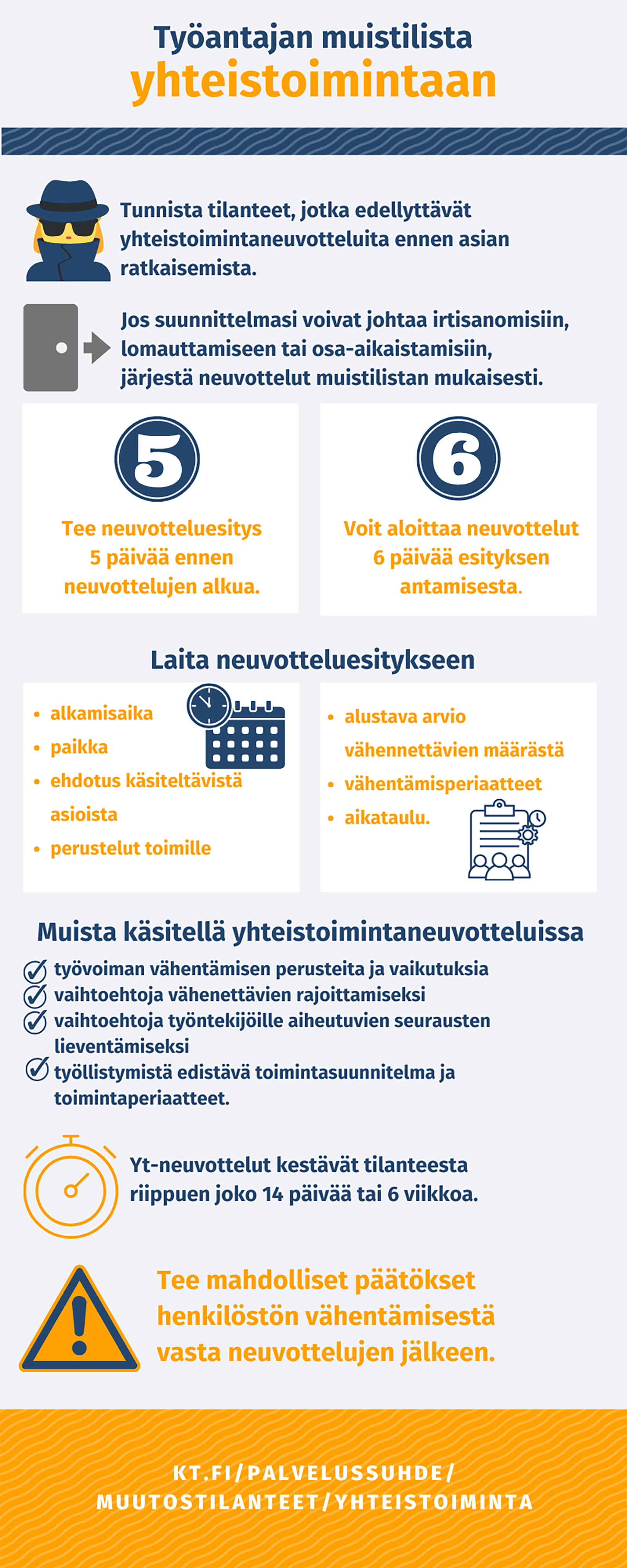 Työnantajan on muistettava ottaa huomioon yt-neuvotteluissa tietyt asiat. Ne löytyvät myös verkkosivulta tekstinä.