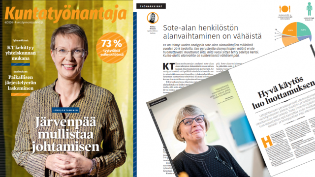 Kuntatyönantaja-lehden kansi 6/2020. Kannessa Merja Soosalu Järvenpään henkilöstöjohtaja sekä kuva kahdesta muusta jutusta kuvituskuvamaisesti. 