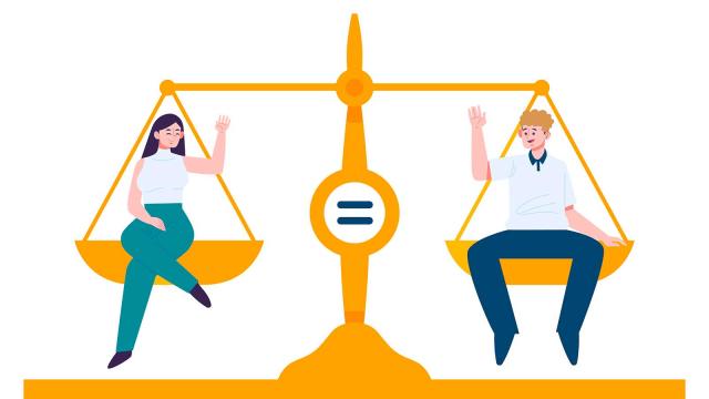 Nainen ja mies istuvat vaakakupeissa. Kuva:Freepik.