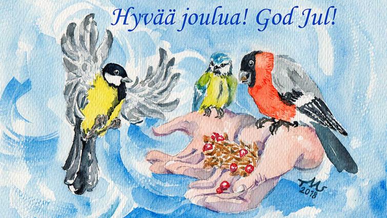 Linnut syömässä jouluherkkuja talvisessa maisemassa.