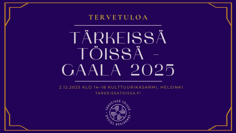 Tärkeissä töissä -gaala järjestetään Kulttuurikasarmilla 2.12.2025.