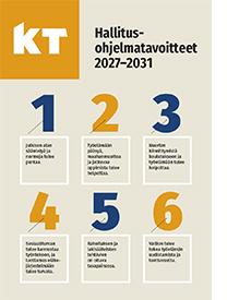 KT:n hallitusohjelmatavoitteet 2027-2031 -esitteen kannessa on kerrottu KT:n kuusi hallitusohjelmatavoitetta.
